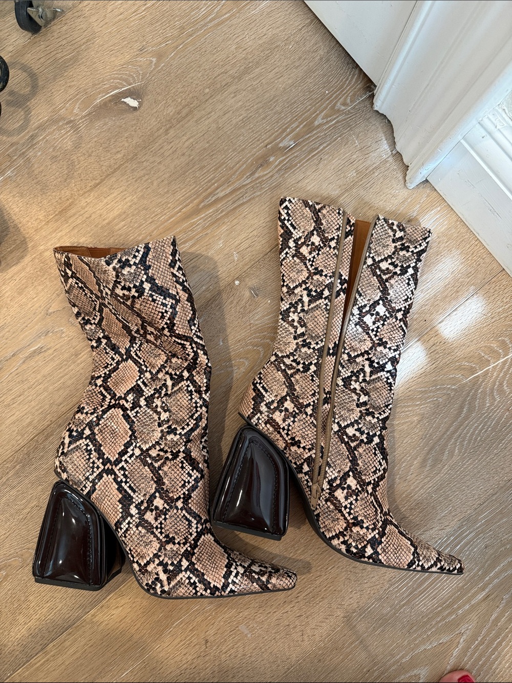 Jeffrey Campbell Snake-Print Mid-Calf Pointed Toe Boots in Beige/Black